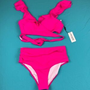 AIMAGE Hot Pink Bikini Set High Waisted Bottom Wrap Top Swimsuit NWT Size M